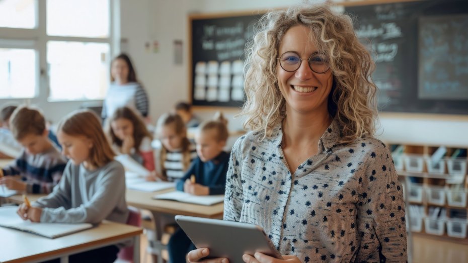 Symbolbild: Lehrerin mit Tablet vor Schulklasse