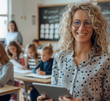Symbolbild: Lehrerin mit Tablet vor Schulklasse